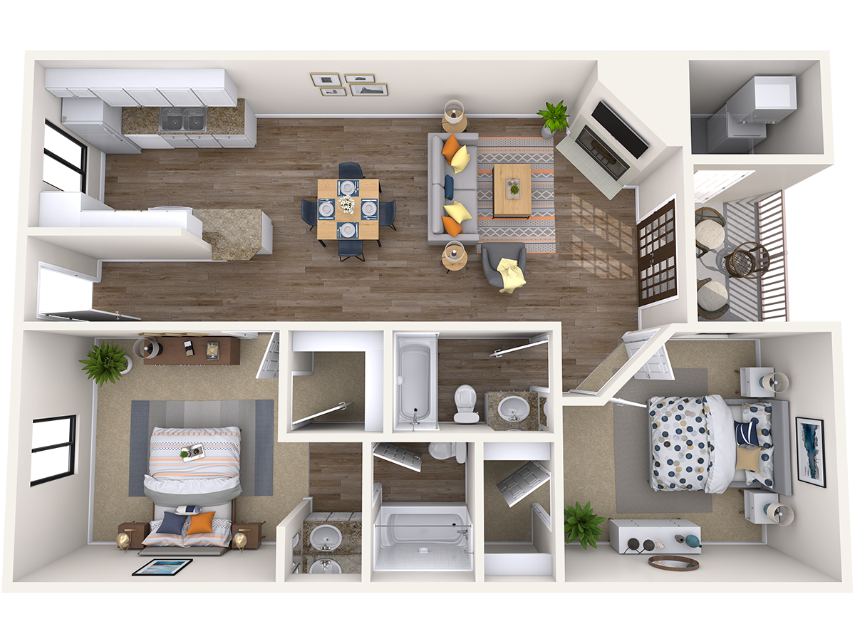 Floor plan for 2 beds, 2 baths, 971 sqft
